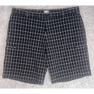 Adidas Shorts Mens 40 Black White Plaid Cargo Chino Golf Flat Front Stretch Logo
